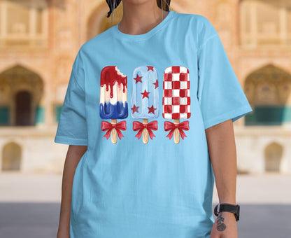Patriotic Popsicle T Shirt, Red White and Blue Ice Cream Bows Tee, Cute 4th of July Coquette Apparel, Fourth of July Popsicles Gift Tops