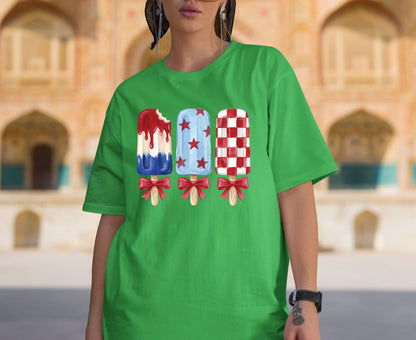 Patriotic Popsicle T Shirt, Red White and Blue Ice Cream Bows Tee, Cute 4th of July Coquette Apparel, Fourth of July Popsicles Gift Tops