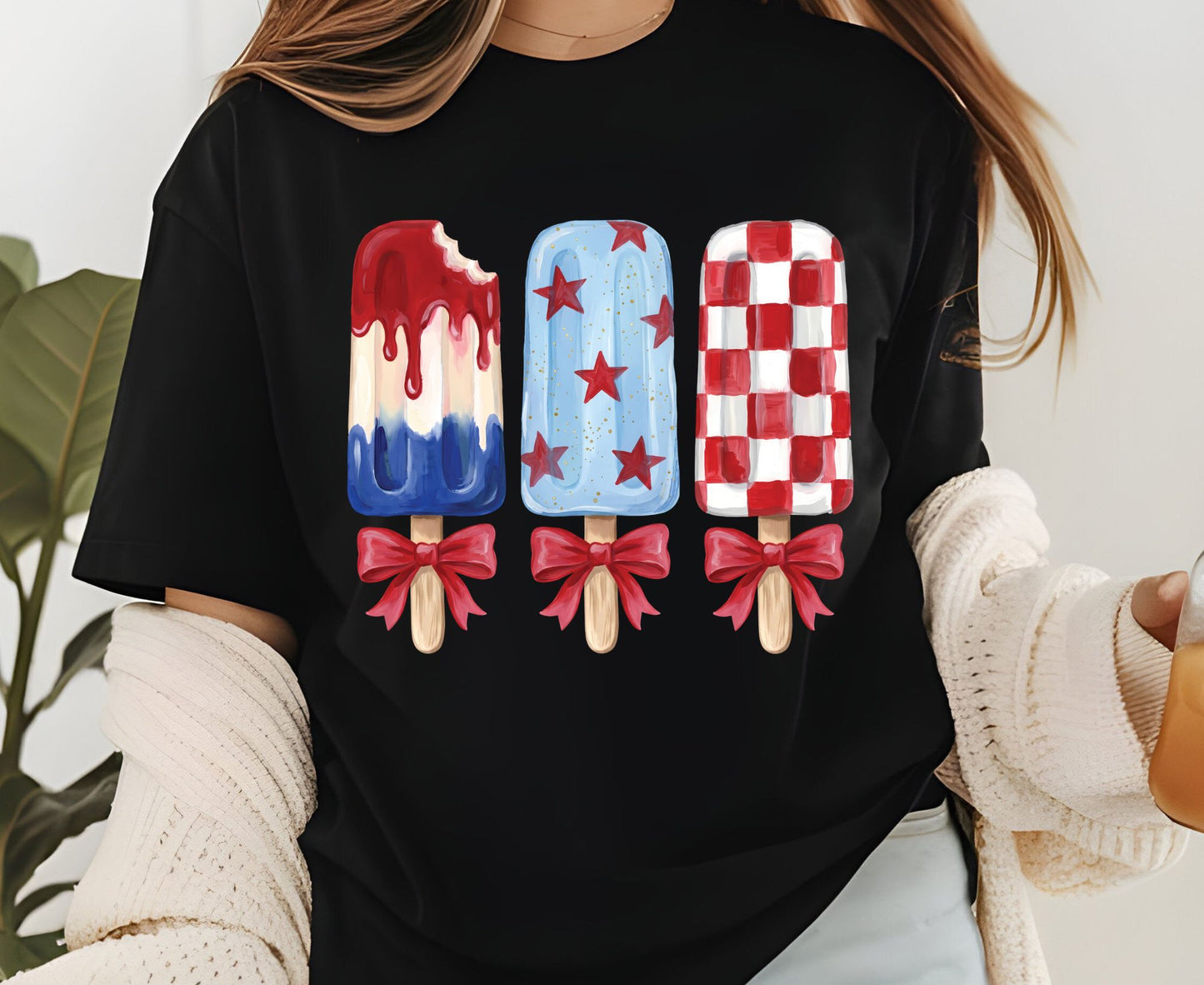 Patriotic Popsicle T Shirt, Red White and Blue Ice Cream Bows Tee, Cute 4th of July Coquette Apparel, Fourth of July Popsicles Gift Tops