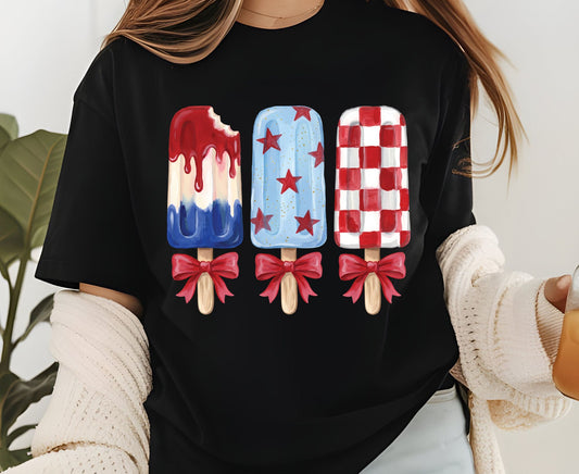 Patriotic Popsicle T Shirt, Red White and Blue Ice Cream Bows Tee, Cute 4th of July Coquette Apparel, Fourth of July Popsicles Gift Tops