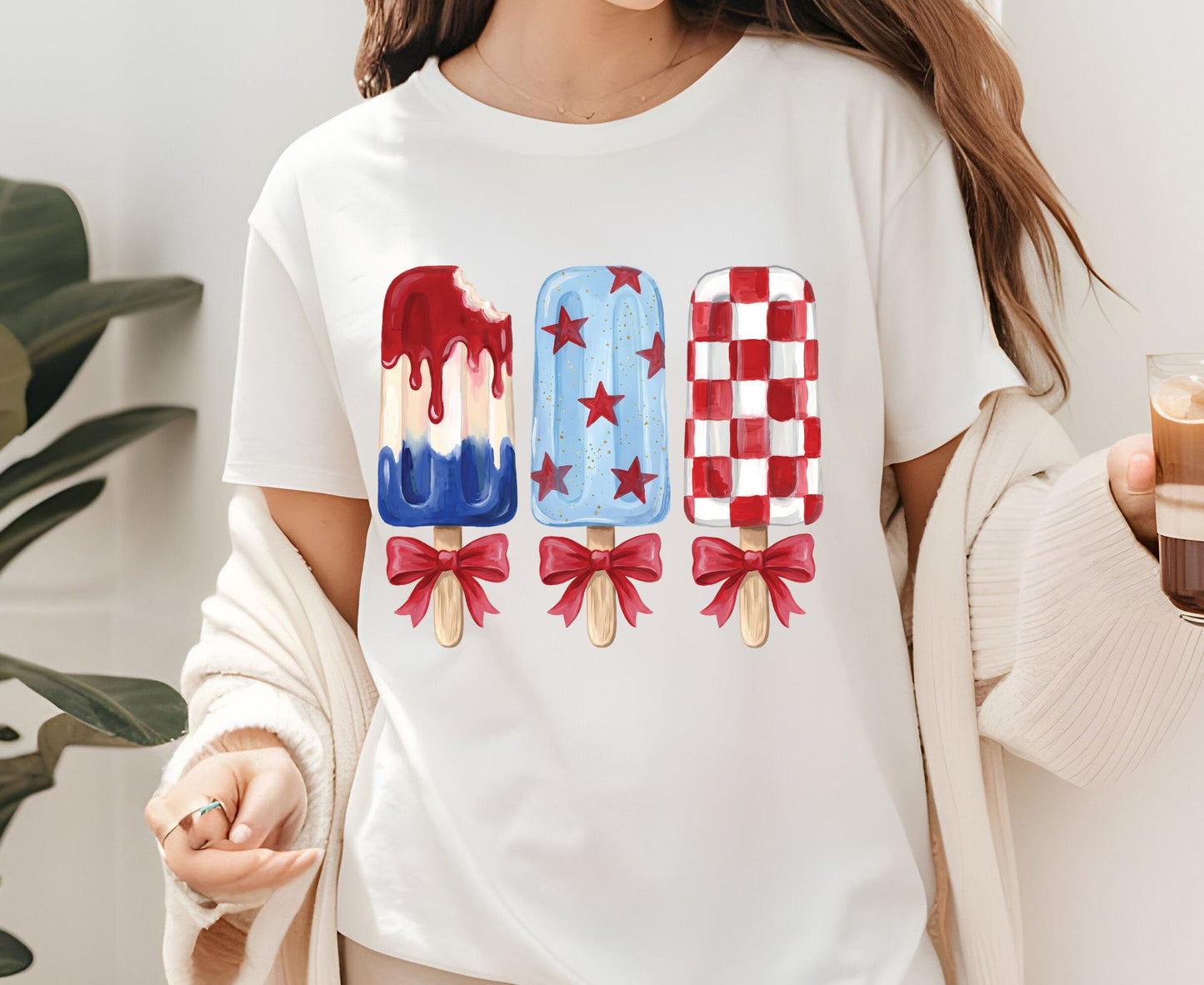 Patriotic Popsicle T Shirt, Red White and Blue Ice Cream Bows Tee, Cute 4th of July Coquette Apparel, Fourth of July Popsicles Gift Tops