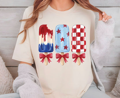 Patriotic Popsicle T Shirt, Red White and Blue Ice Cream Bows Tee, Cute 4th of July Coquette Apparel, Fourth of July Popsicles Gift Tops