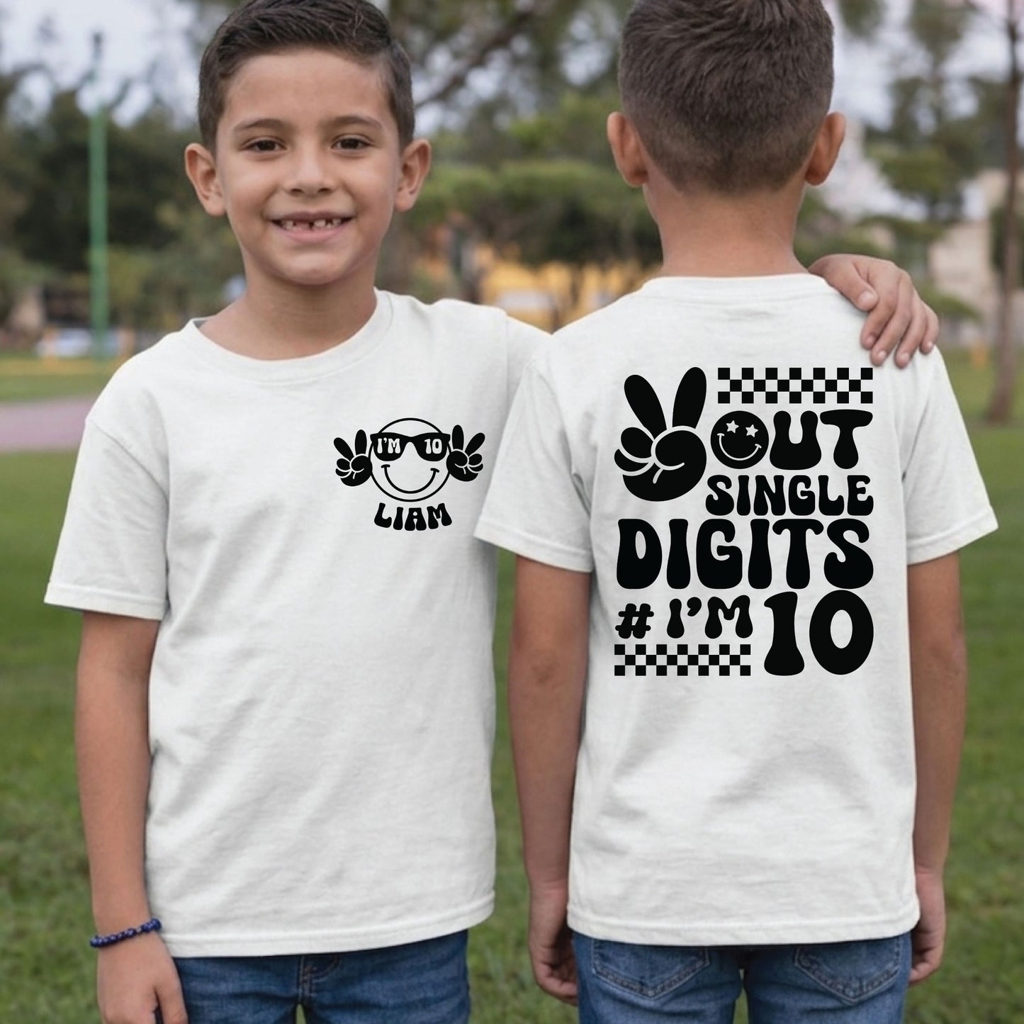 Peace Out Single Digits 10th Birthday Custom Shirt With Pocket and Back print Groovy 10 Year Old Toddler Tee Kids Retro Birthday Outfit