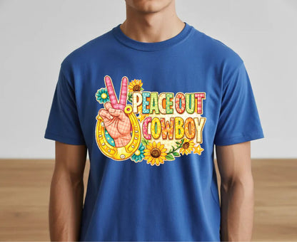 Peace Out Cowboy T Shirt Adult Youth Toddler Baby Western Graphic Tee Horseshoe Sunflower Peace Sign Retro Boho Country Aesthetic Rodeo Gift