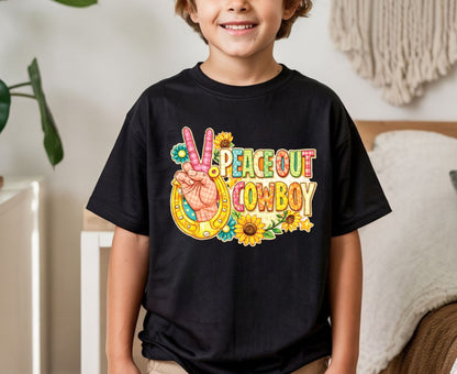 Peace Out Cowboy T Shirt Adult Youth Toddler Baby Western Graphic Tee Horseshoe Sunflower Peace Sign Retro Boho Country Aesthetic Rodeo Gift