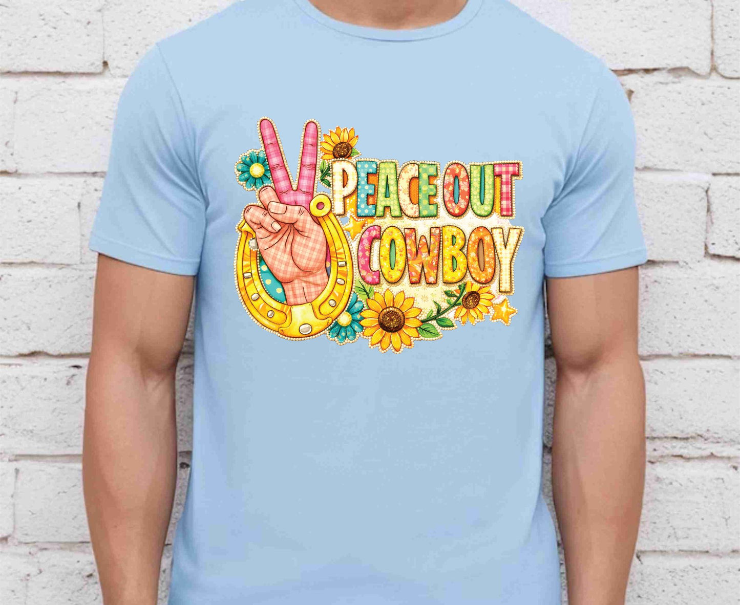 Peace Out Cowboy T Shirt Adult Youth Toddler Baby Western Graphic Tee Horseshoe Sunflower Peace Sign Retro Boho Country Aesthetic Rodeo Gift
