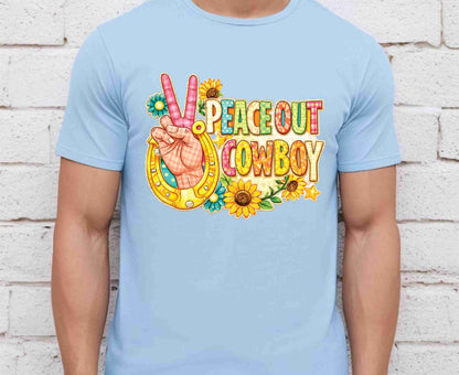 Peace Out Cowboy T Shirt Adult Youth Toddler Baby Western Graphic Tee Horseshoe Sunflower Peace Sign Retro Boho Country Aesthetic Rodeo Gift