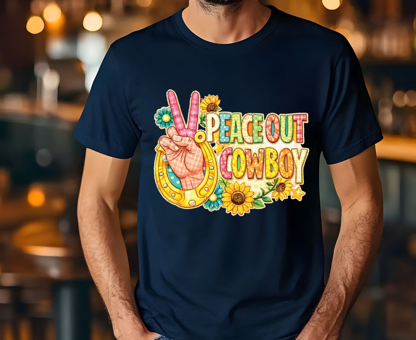 Peace Out Cowboy T Shirt Adult Youth Toddler Baby Western Graphic Tee Horseshoe Sunflower Peace Sign Retro Boho Country Aesthetic Rodeo Gift