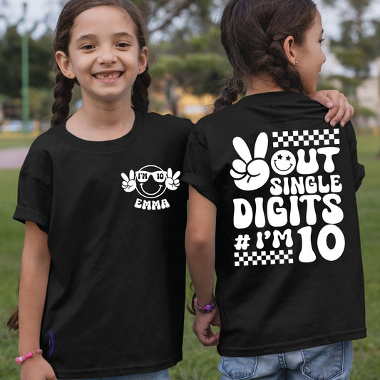 Peace Out Single Digits 10th Birthday Custom Shirt With Pocket and Back print Groovy 10 Year Old Toddler Tee Kids Retro Birthday Outfit