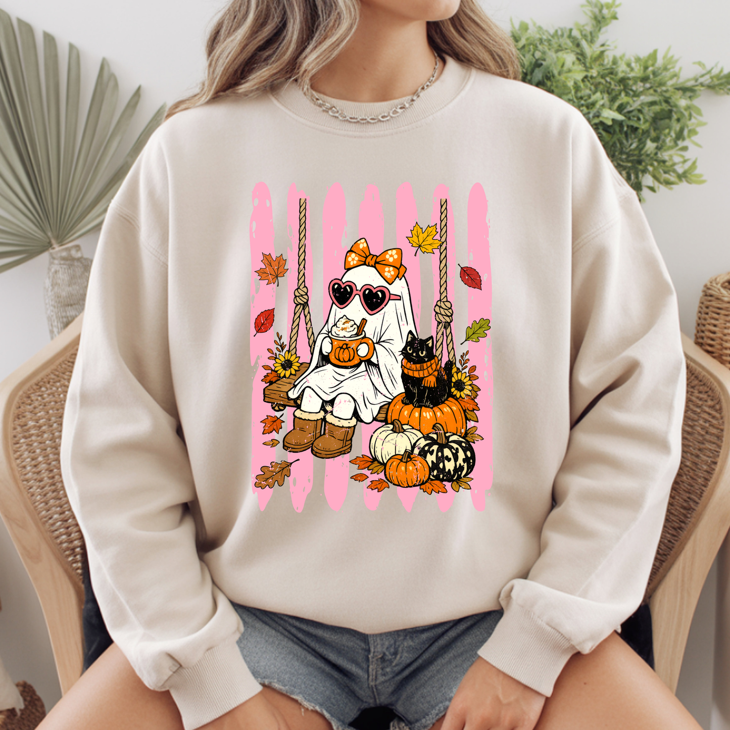 Pink Halloween Ghost Comfort Colors T Shirts Cute Spooky Swing Tee Pumpkin Spice Latte Black Cat Shirt Autumn Fall Graphic Hoodie