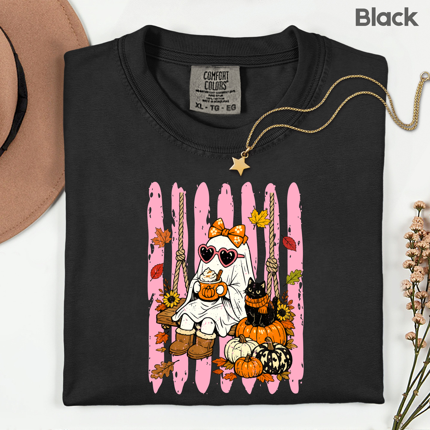Pink Halloween Ghost Comfort Colors T Shirts Cute Spooky Swing Tee Pumpkin Spice Latte Black Cat Shirt Autumn Fall Graphic Hoodie