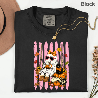 Pink Halloween Ghost Comfort Colors T Shirts Cute Spooky Swing Tee Pumpkin Spice Latte Black Cat Shirt Autumn Fall Graphic Hoodie