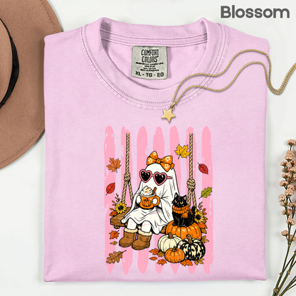 Pink Halloween Ghost Comfort Colors T Shirts Cute Spooky Swing Tee Pumpkin Spice Latte Black Cat Shirt Autumn Fall Graphic Hoodie