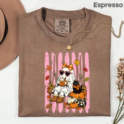 Pink Halloween Ghost Comfort Colors T Shirts Cute Spooky Swing Tee Pumpkin Spice Latte Black Cat Shirt Autumn Fall Graphic Hoodie