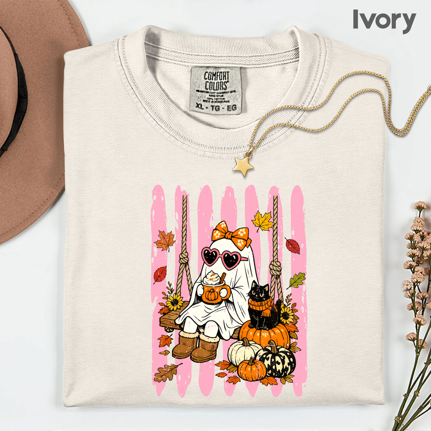 Pink Halloween Ghost Comfort Colors T Shirts Cute Spooky Swing Tee Pumpkin Spice Latte Black Cat Shirt Autumn Fall Graphic Hoodie