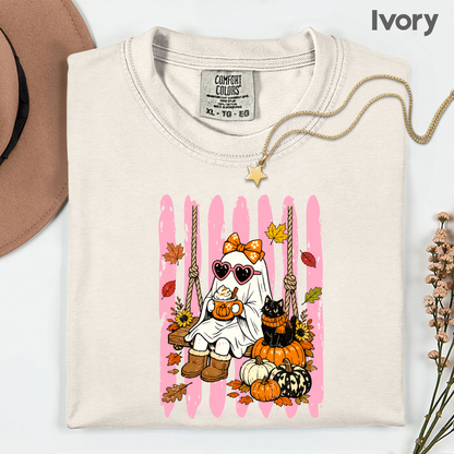 Pink Halloween Ghost Comfort Colors T Shirts Cute Spooky Swing Tee Pumpkin Spice Latte Black Cat Shirt Autumn Fall Graphic Hoodie