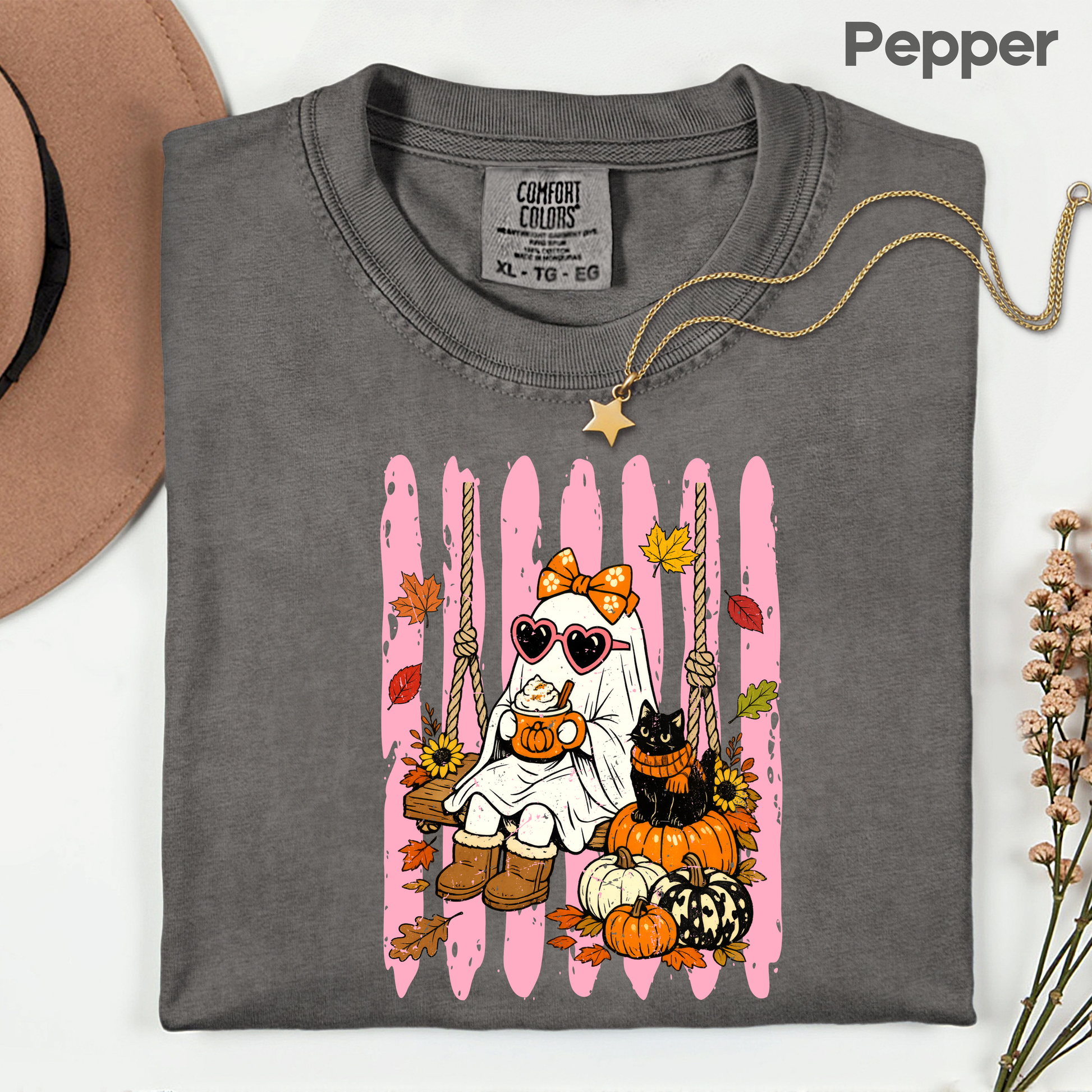 Pink Halloween Ghost Comfort Colors T Shirts Cute Spooky Swing Tee Pumpkin Spice Latte Black Cat Shirt Autumn Fall Graphic Hoodie