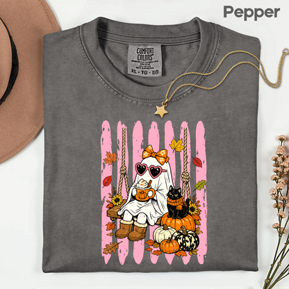 Pink Halloween Ghost Comfort Colors T Shirts Cute Spooky Swing Tee Pumpkin Spice Latte Black Cat Shirt Autumn Fall Graphic Hoodie