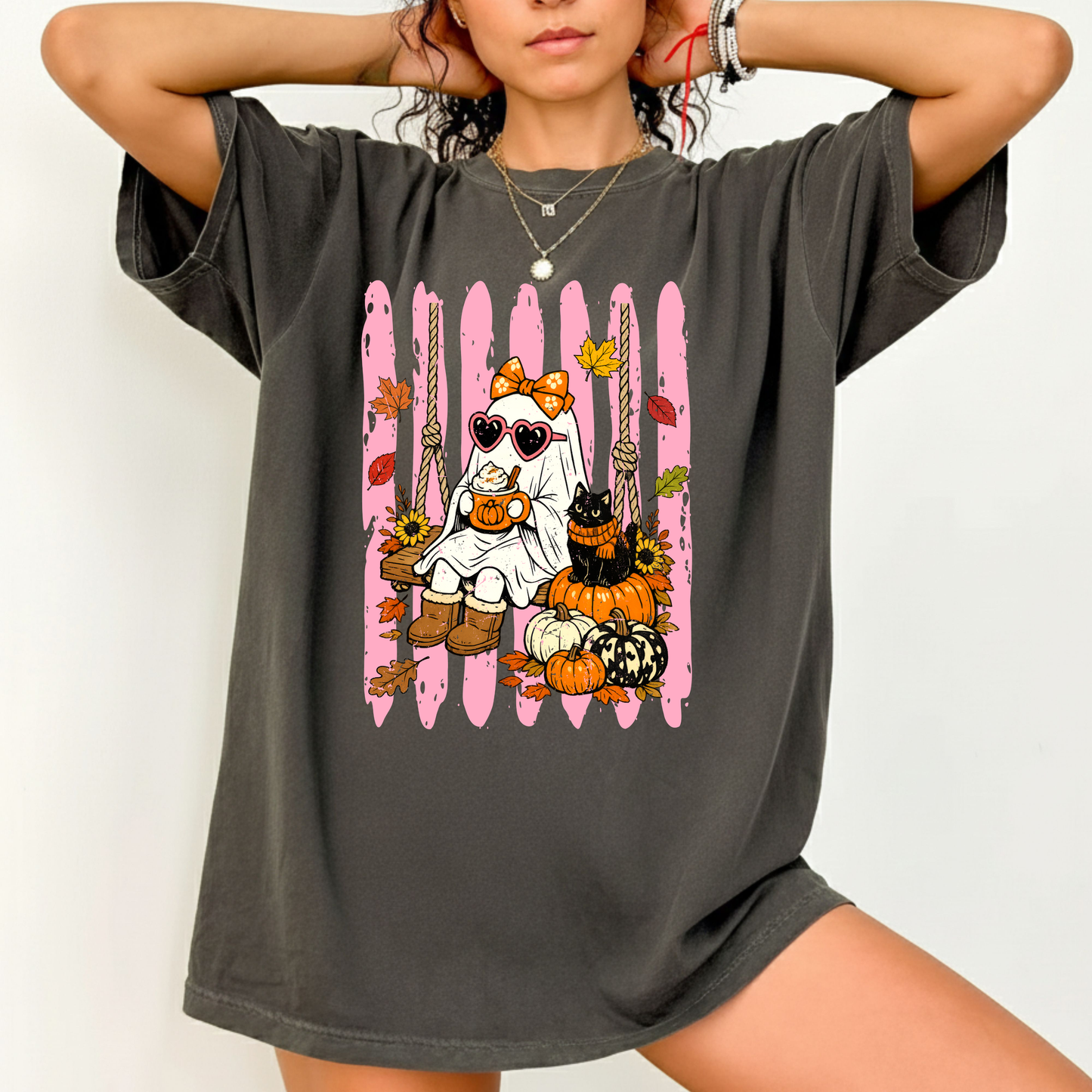 Pink Halloween Ghost Comfort Colors T Shirts Cute Spooky Swing Tee Pumpkin Spice Latte Black Cat Shirt Autumn Fall Graphic Hoodie