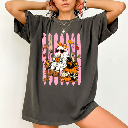 Pink Halloween Ghost Comfort Colors T Shirts Cute Spooky Swing Tee Pumpkin Spice Latte Black Cat Shirt Autumn Fall Graphic Hoodie