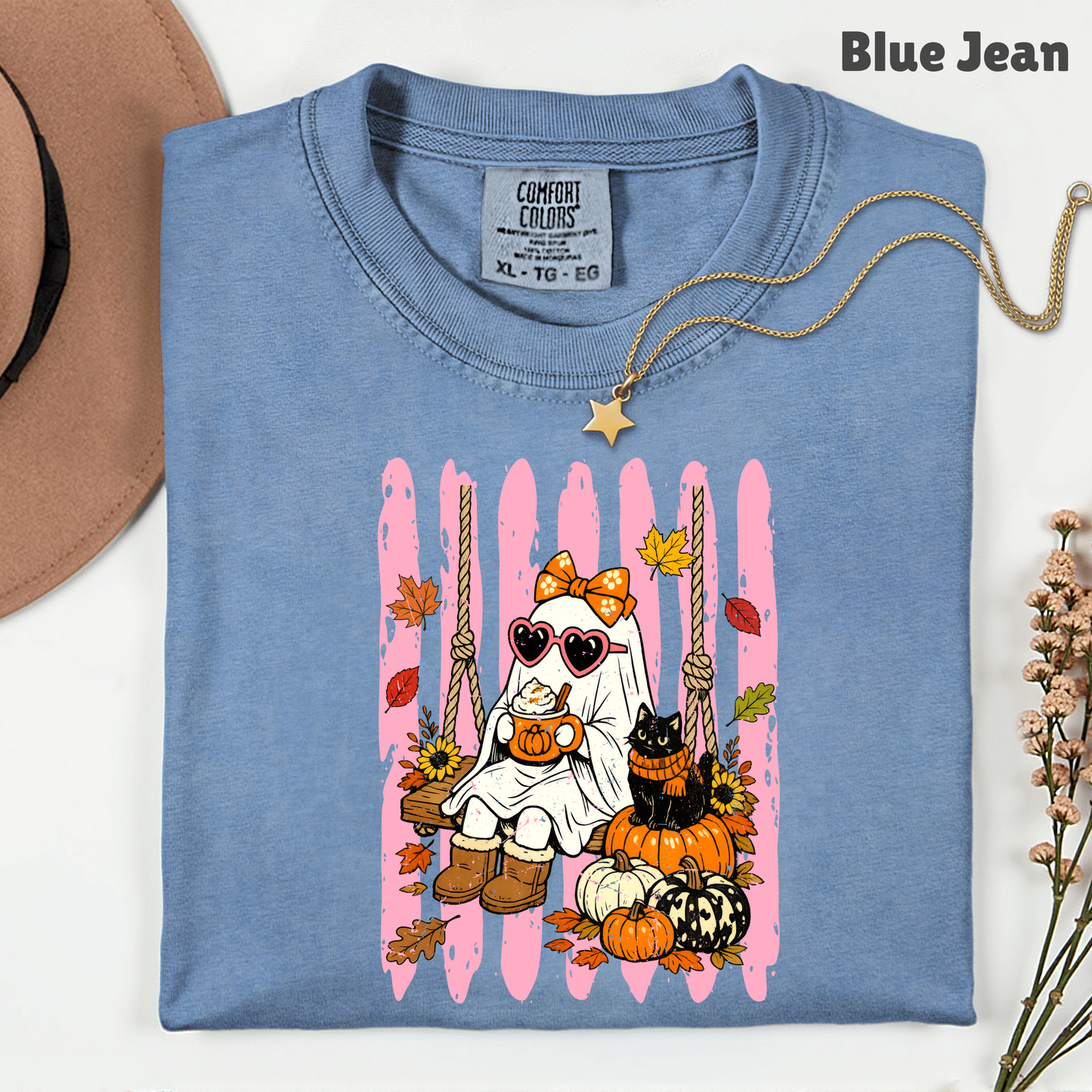 Pink Halloween Ghost Comfort Colors T Shirts Cute Spooky Swing Tee Pumpkin Spice Latte Black Cat Shirt Autumn Fall Graphic Hoodie
