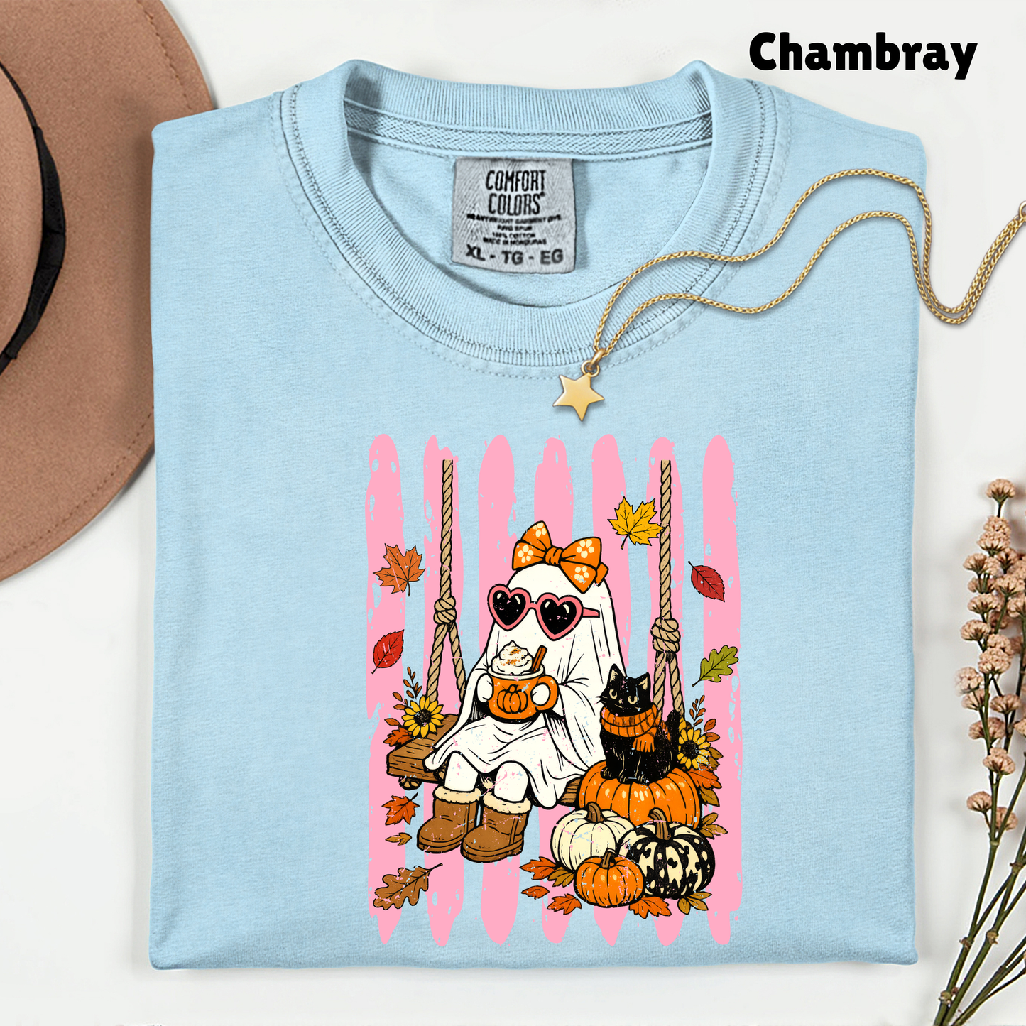 Pink Halloween Ghost Comfort Colors T Shirts Cute Spooky Swing Tee Pumpkin Spice Latte Black Cat Shirt Autumn Fall Graphic Hoodie
