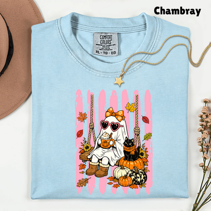 Pink Halloween Ghost Comfort Colors T Shirts Cute Spooky Swing Tee Pumpkin Spice Latte Black Cat Shirt Autumn Fall Graphic Hoodie