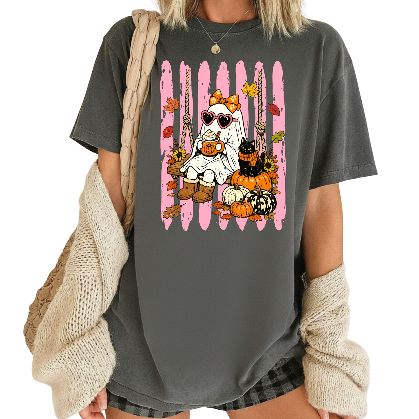 Pink Halloween Ghost Comfort Colors T Shirts Cute Spooky Swing Tee Pumpkin Spice Latte Black Cat Shirt Autumn Fall Graphic Hoodie