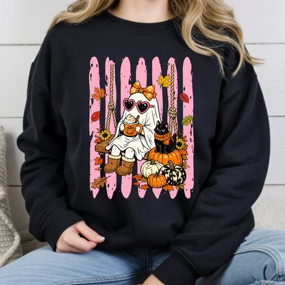 Pink Halloween Ghost Comfort Colors T Shirts Cute Spooky Swing Tee Pumpkin Spice Latte Black Cat Shirt Autumn Fall Graphic Hoodie