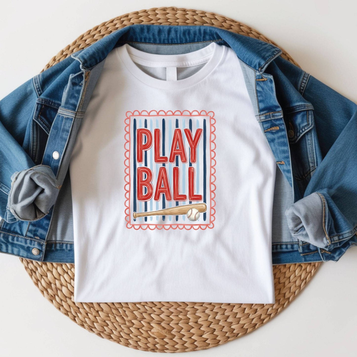 Play Ball Shirt Red Blue Stripes Scalloped Border Sweatshirt