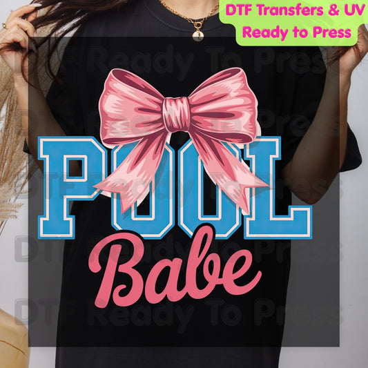 Pool Babe Pink Coquette Bow DTF Transfer Ready to Press Summer Beach Vacation Heat Transfer for Shirts Pool Party UV Sticker Prints