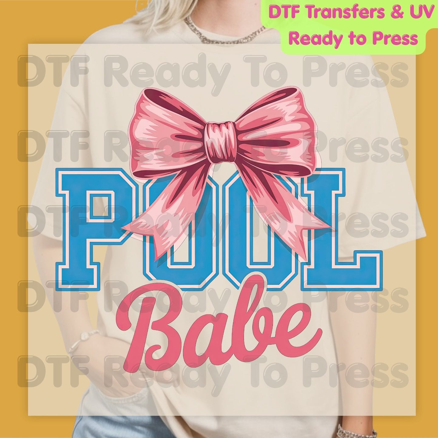 Pool Babe Pink Coquette Bow DTF Transfer Ready to Press Summer Beach Vacation Heat Transfer for Shirts Pool Party UV Sticker Prints