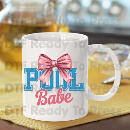 Pool Babe Pink Coquette Bow DTF Transfer Ready to Press Summer Beach Vacation Heat Transfer for Shirts Pool Party UV Sticker Prints