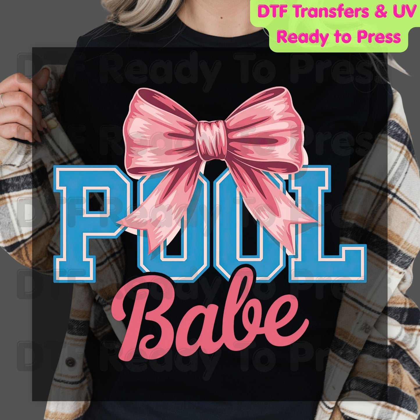 Pool Babe Pink Coquette Bow DTF Transfer Ready to Press Summer Beach Vacation Heat Transfer for Shirts Pool Party UV Sticker Prints