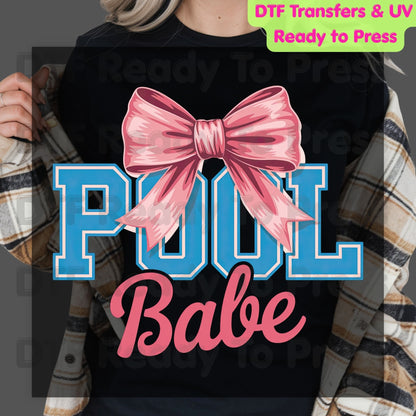 Pool Babe Pink Coquette Bow DTF Transfer Ready to Press Summer Beach Vacation Heat Transfer for Shirts Pool Party UV Sticker Prints