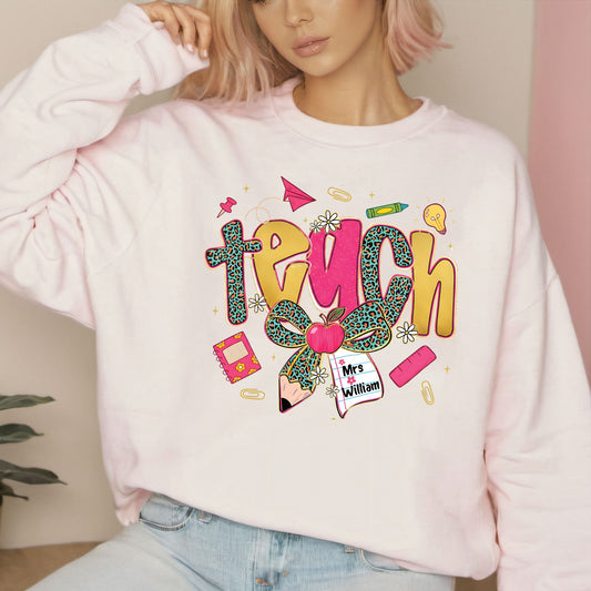 Preppy Leopard TEACH Coquette Bow Sweatshirt, First Day of School Teacher Shirts, Custom Back to School Sweater, Appreciation Gifts