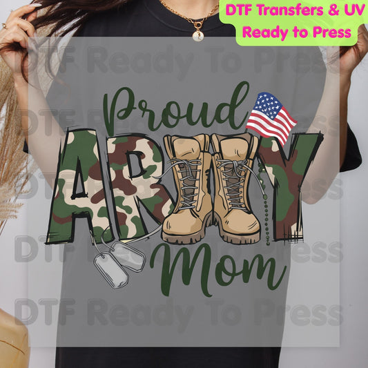 Proud Army Mom DTF Transfer Ready to Press Military Boots Camo Heart American Flag Heat Transfer For Shirts Veteran Day UV Sticker Prints