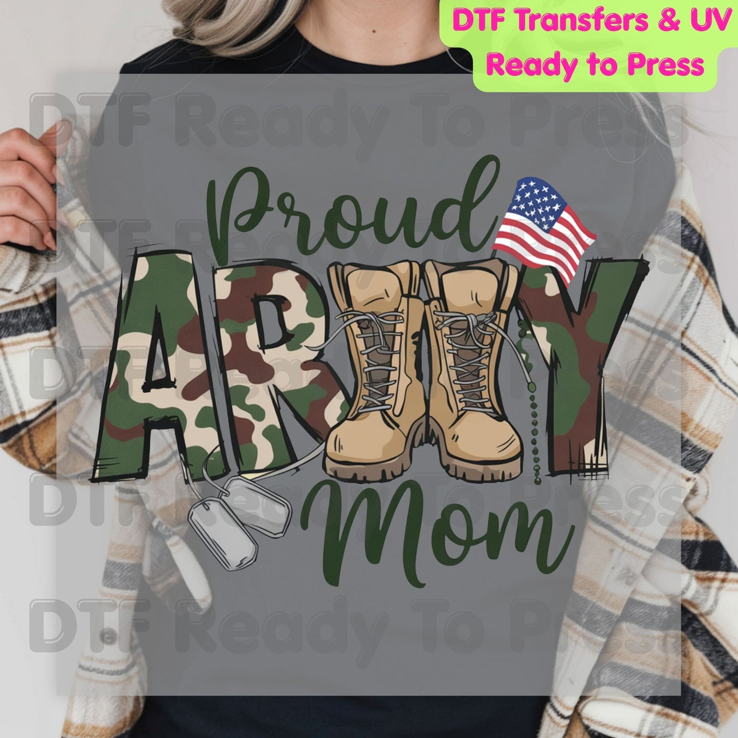 Proud Army Mom DTF Transfer Ready to Press Military Boots Camo Heart American Flag Heat Transfer For Shirts Veteran Day UV Sticker Prints