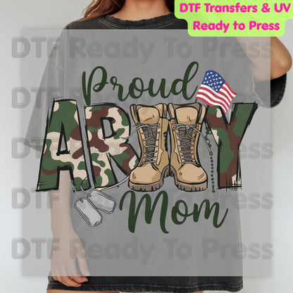 Proud Army Mom DTF Transfer Ready to Press Military Boots Camo Heart American Flag Heat Transfer For Shirts Veteran Day UV Sticker Prints