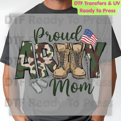 Proud Army Mom DTF Transfer Ready to Press Military Boots Camo Heart American Flag Heat Transfer For Shirts Veteran Day UV Sticker Prints