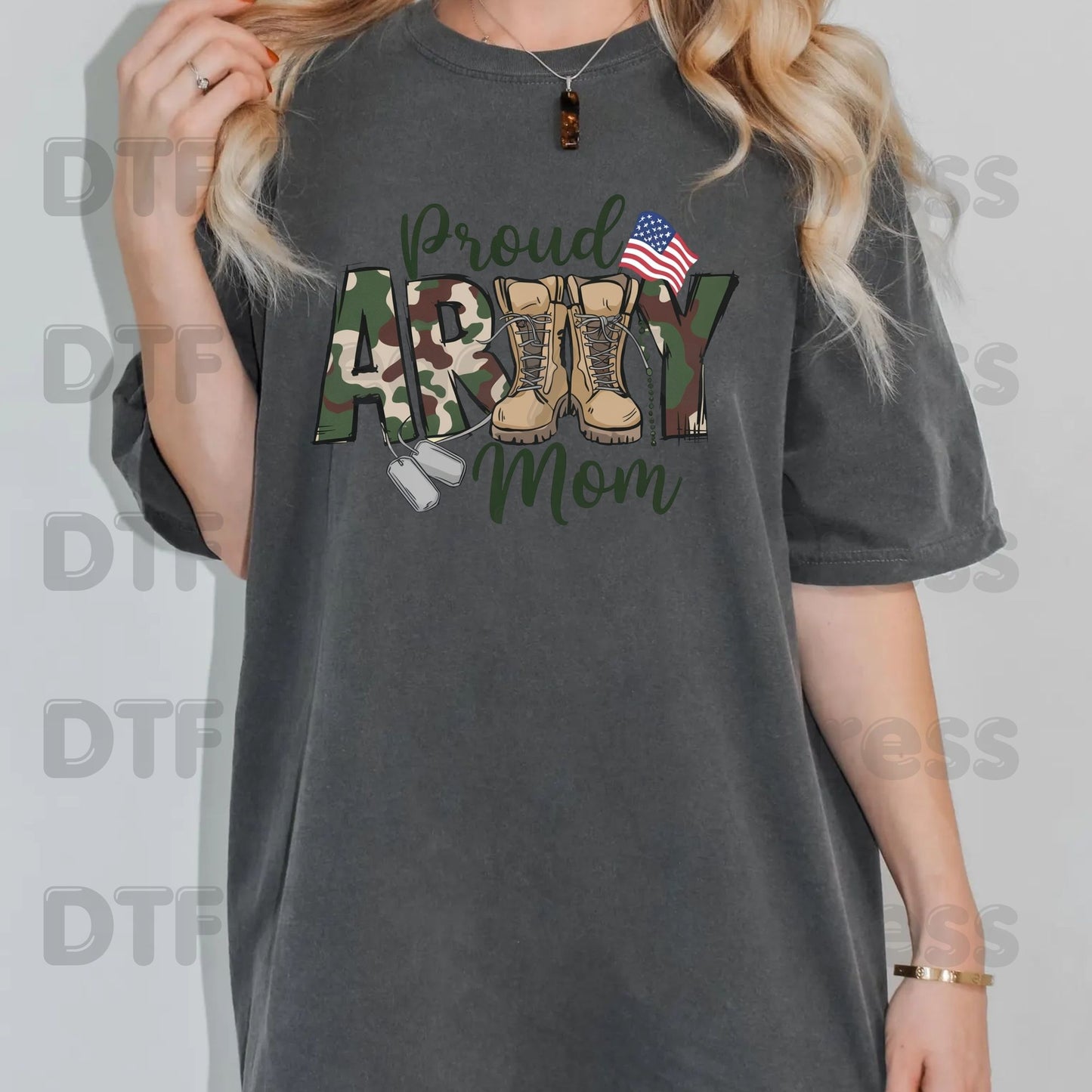 Proud Army Mom DTF Transfer Ready to Press Military Boots Camo Heart American Flag Heat Transfer For Shirts Veteran Day UV Sticker Prints