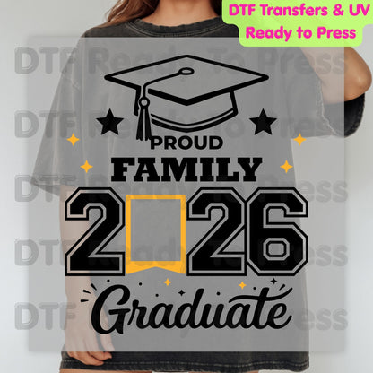 Proud Family Graduate 2026 DTF Transfer Ready to Press Class of 2026 Senior Graduation Cap Heat Transfer for Shirts UV Sticker Prints