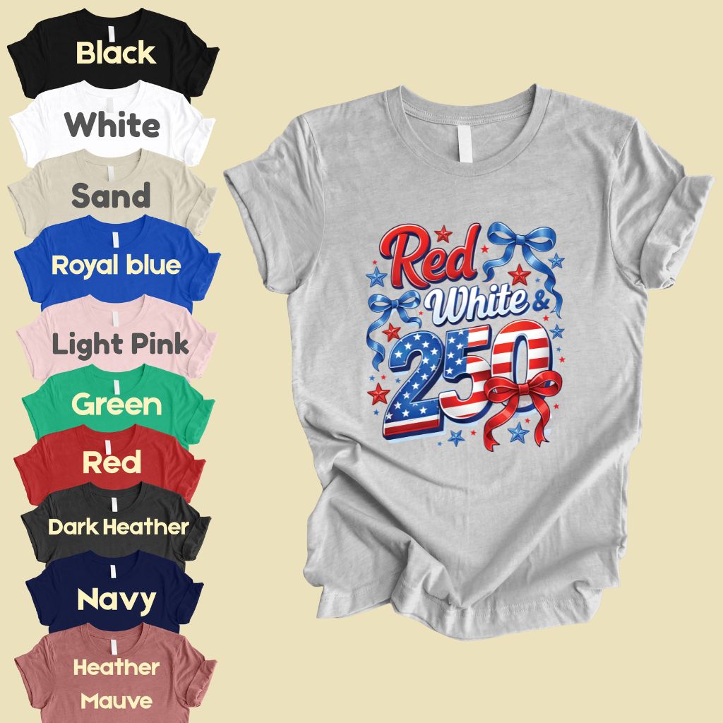 Red White and 250 Comfort Colors T Shirts Cute 4th of July Bow Tee America 250th Graphic Shirt Fourth of July Gifts