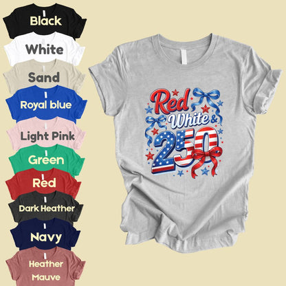 Red White and 250 Comfort Colors T Shirts Cute 4th of July Bow Tee America 250th Graphic Shirt Fourth of July Gifts