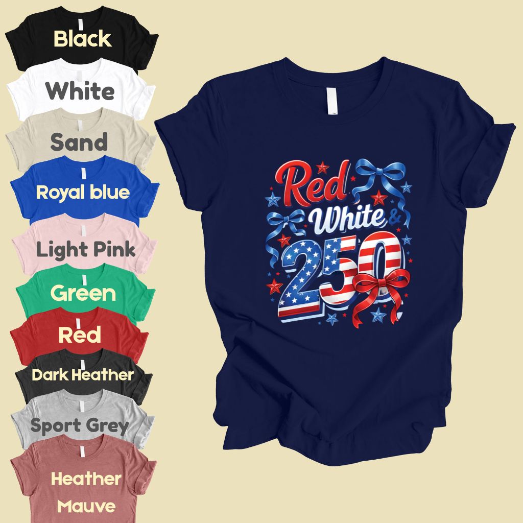 Red White and 250 Comfort Colors T Shirts Cute 4th of July Bow Tee America 250th Graphic Shirt Fourth of July Gifts
