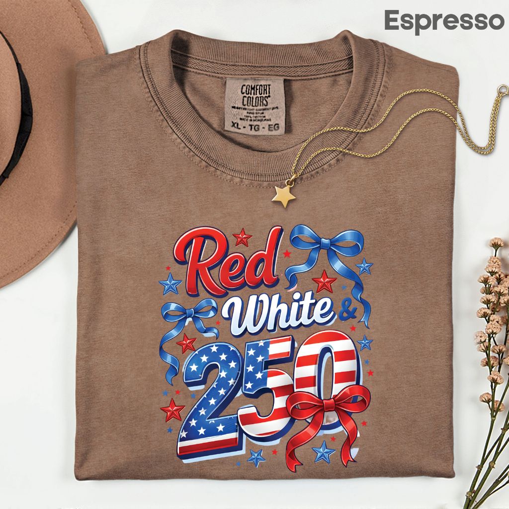 Red White and 250 Comfort Colors T Shirts Cute 4th of July Bow Tee America 250th Graphic Shirt Fourth of July Gifts