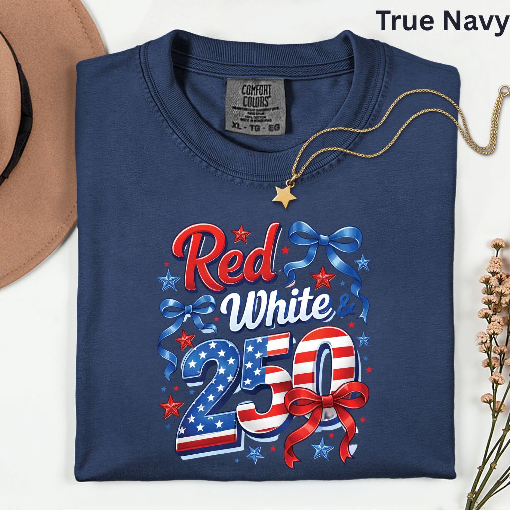 Red White and 250 Comfort Colors T Shirts Cute 4th of July Bow Tee America 250th Graphic Shirt Fourth of July Gifts
