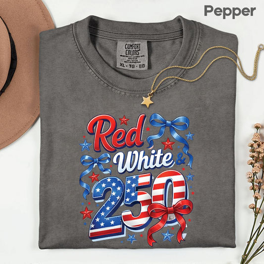 Red White and 250 Comfort Colors T Shirts Cute 4th of July Bow Tee America 250th Graphic Shirt Fourth of July Gifts