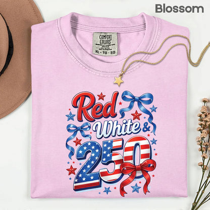 Red White and 250 Comfort Colors T Shirts Cute 4th of July Bow Tee America 250th Graphic Shirt Fourth of July Gifts