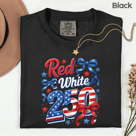 Red White and 250 Comfort Colors T Shirts Cute 4th of July Bow Tee America 250th Graphic Shirt Fourth of July Gifts